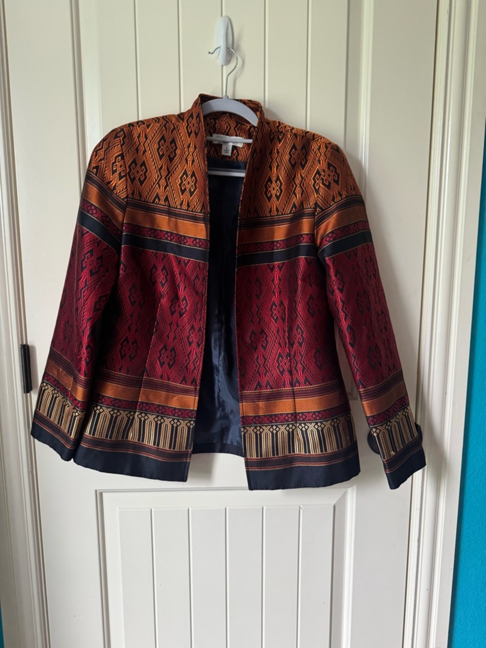 Coldwater Creek Open-Front Tribal Pattern Jacket in Burgundy and Rust
